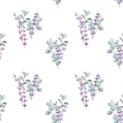 Watercolor seamless pattern. Hand-drawn lavender flowers, eucalyptus and blueberry branches, poppy pods, forest herbs on a white background.  Suitable for backgrounds, cards, posters, invitations