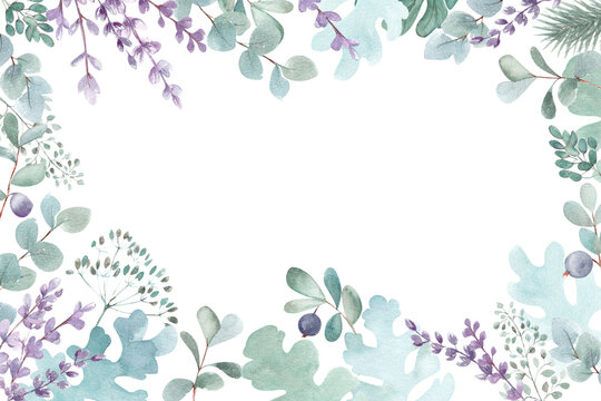 Watercolor frame. Hand-drawn lavender flowers, eucalyptus and blueberry branches on a white background.  Suitable for backgrounds, cards, posters, invitations