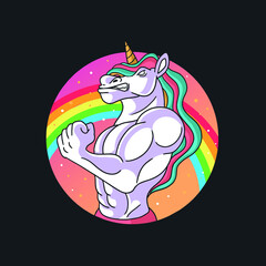 strong unicorn with rainbow hair show the muscle © NiKadekGita