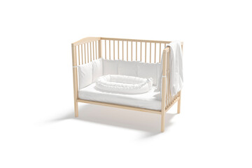 Blank wood cot with white crib sheet and nest mockup