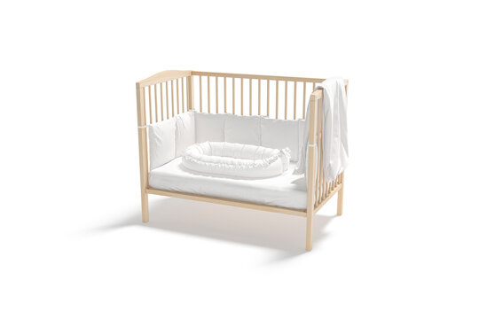 Blank Wood Cot With White Crib Sheet And Nest Mockup