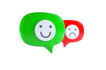 Chat Bubbles with Happy and Sad Face Emoticon Over White Background. 3d Rendering