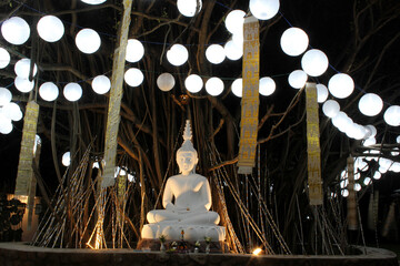 White buddha under the big tree and paper lantern colorful hanging to the loykrathong festival craft art in local style along the corridors with a shady atmosphere.