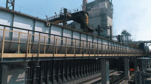 Coke oven battery aerial view. Industrial exterior of a large factory. Fly over a coke oven battery, exterior of a large metallurgical plant