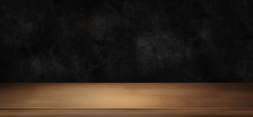 Wooden light table counter top with dark black background . Wood tabletop front view