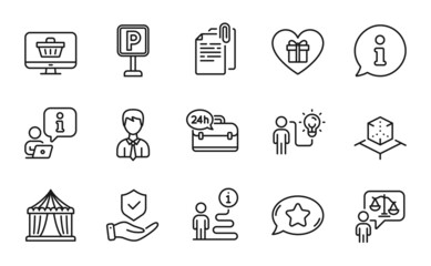 Business icons set. Included icon as Web shop, Document attachment, Business idea signs. Parking, Augmented reality, 24h service symbols. Businessman, Circus tent, Romantic gift. Lawyer. Vector