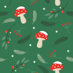 Seamless xmas pattern with fir branches  and amanita mushrooms