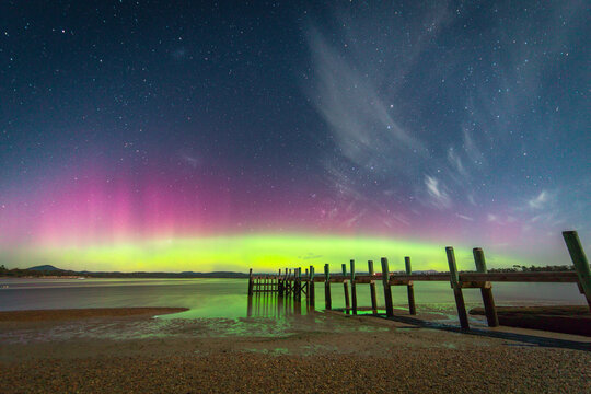 Aurora Australis Southern Lights With Jetty At Night 