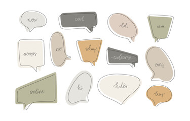 Big set of speech bubbles in earthy colors with monoline cursive common words. Vector doodle freehand illustrations isolated on white background.