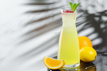 citrus and cranberries lemonade with ingredients on table. Homemade lemonade with ice. cold lemonade with fresh raspberries, mint and citrus in jug