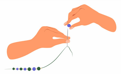 Hands make beads. The hand strands a bead on a needle and thread. A girl makes jewelry.  Illustration in flat style, isolated on white background. Handmade concept.