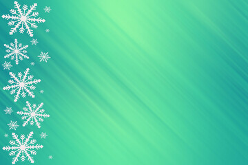 Fototapeta na wymiar Winter green turquoise mint yellow saturated bright gradient background with random snowflakes sideways and with diagonal light stripes. Christmas, New Year, invitations, congratulations, parties.