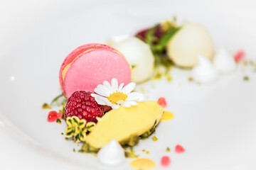 Delicious sweet dessert with fresh fruits. Close up