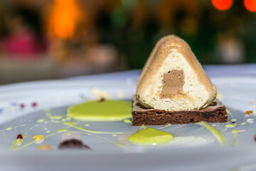 Delicious chocolate sweet dessert with fresh fruits. Close up