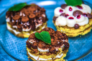 Delicious chocolate sweet dessert with nuts and mint.  Close up