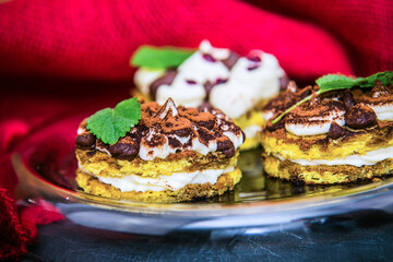 Delicious chocolate sweet dessert with nuts and mint.  Close up