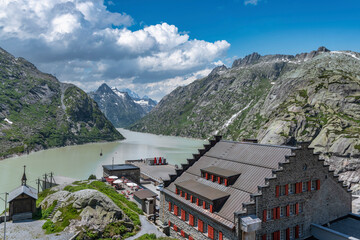 Landscape with Grimselsee and Hotel Grimsel Hospiz near Guttannen