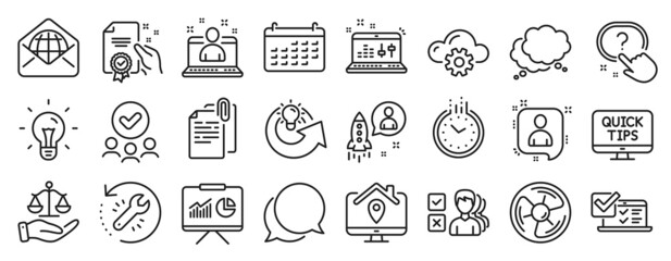Set of Education icons, such as Idea, Certificate, Developers chat icons. Web tutorials, Calendar, Air fan signs. Presentation, Web mail, Startup. Best manager, Online survey, Opinion. Vector