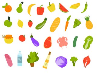 Collection of natural organic food - vegetables, fruits, meat, fish and oil. Vector flat illustration isolated on white background