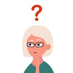 Pensive grandmother with a glasses and a question mark. Problem and decision making concept. Vector illustration isolated on white background