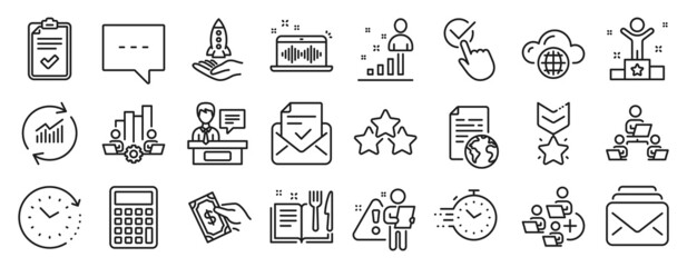 Obraz na płótnie Canvas Set of Education icons, such as Blog, Teamwork, Update data icons. Ranking stars, Timer, Time change signs. Winner medal, Cloud computing, Approved mail. Exhibitors, Add team, Checklist. Vector