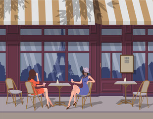 Cafe in Paris, in the summer. The Eiffel Tower is reflected. Vector.