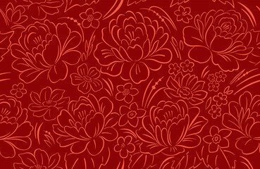 Linear flowers seamless pattern. Decorative floral background. Vector graphics