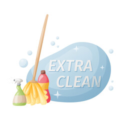 Vector banner with the inscription extra clean and illustrations of a mop and detergents.