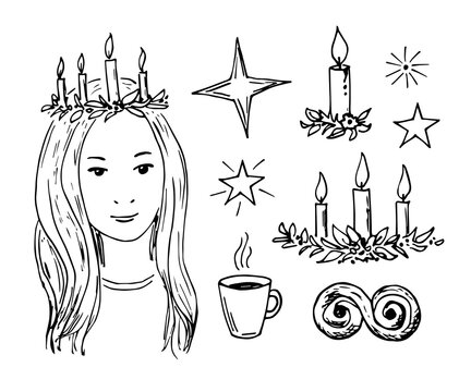 Hand-drawn black outline vector set. Celebrating Saint Lucia's Day, traditional Swedish holiday, Christmas. Girl with a wreath on her head, candles, coffee and a saffron bun, stars. Ink sketch.
