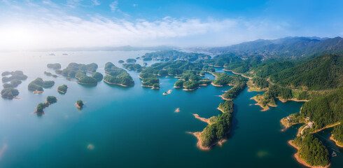 Fototapeta na wymiar Aerial photography of the natural scenery of Hangzhou Qiandao Lake