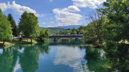 Beautiful river Una in the center of Bihać, Bosnia and Herzegovina. Reflection in the river Una.