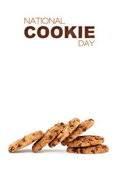 National Cookie Day poster with collapsed pile of yummy chocolate chip cookies isolated on white background with copy space for your text