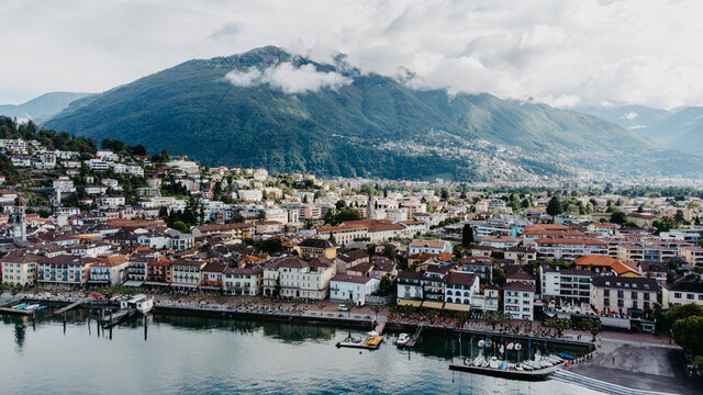 Scenic aeral view over Ascona promenade