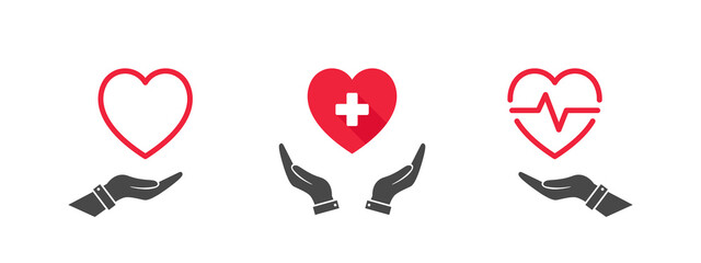 Medical icons. The concept of health icons. Heart icon on hand. Vector illustration