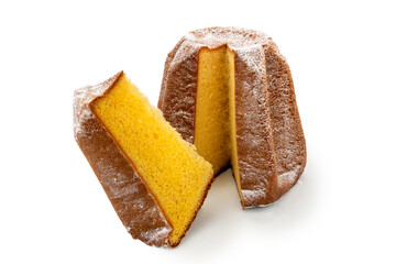 Pandoro cut with slice, traditional Italian Christmas cake with icing sugar isolated on white