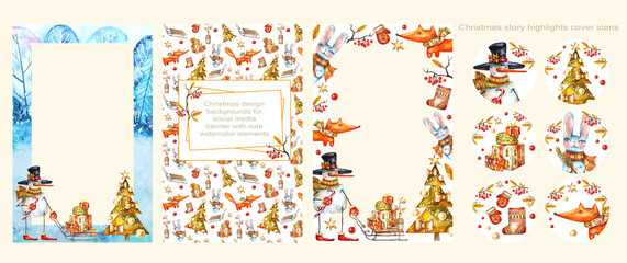 Christmas design backgrounds and story highlights icons for social media banner with cute watercolor elements. Set of Instagram post frame templates. Mockup for Christmas Post. Layout for promotion