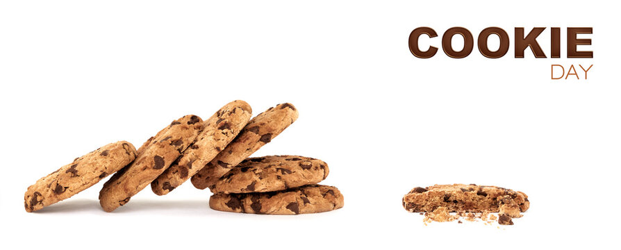 Coockie day banner. Collapsed pile of yummy chocolate chip cookies