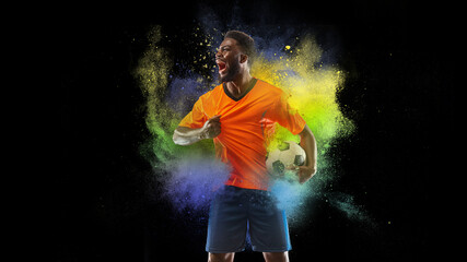 Collage with young sportsman, soccer football player in explosion of colored neon powder isolated...