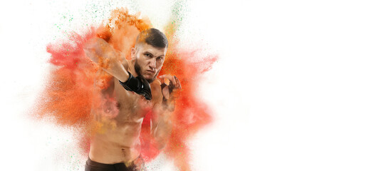 Collage with professional male MMA boxer in motion in explosion of multicolored neon powder isolated on white background