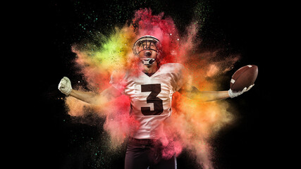 Collage with young sportsman, football player shouting as winner in explosion of colored neon powder isolated on dark background