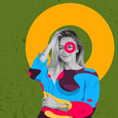 Contemporary art collage of joyful young girl in colorful cloth isolated over yellow geometric circle design on green background