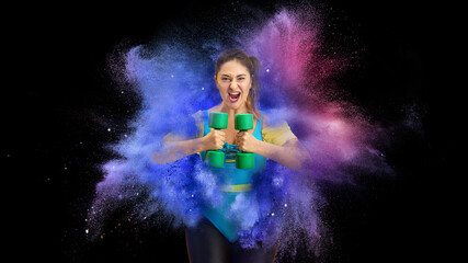 Collage with young female athlete, fitness coach posing in explosion of colored neon powder isolated on dark background