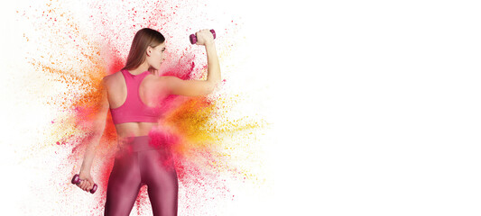 Collage with young female athlete, fitness coach posing in explosion of colored neon powder isolated on white background