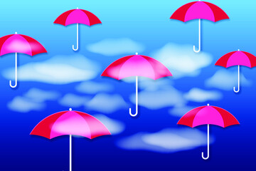 Happy monsoon season background. Realistic white clouds and red umbrellas