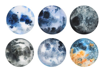 Watercolor aquarelle planet set isolated in white background background. Moon full phase