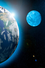 A view of space from the earth and Moon Composite image of earth and moon. Moon orbiting earth.  Colorful deep space. Universe concept background. 