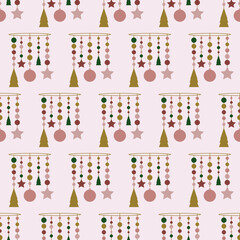 Fototapeta premium Christmas seamless pattern. New Year's garland in the Scandinavian style. Hanging holiday decoration with xmas trees, balls and stars. Vector illustration in pastel color