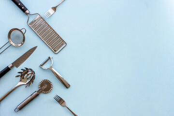 Set of kinchen appliance and utensils top view. Cooking background