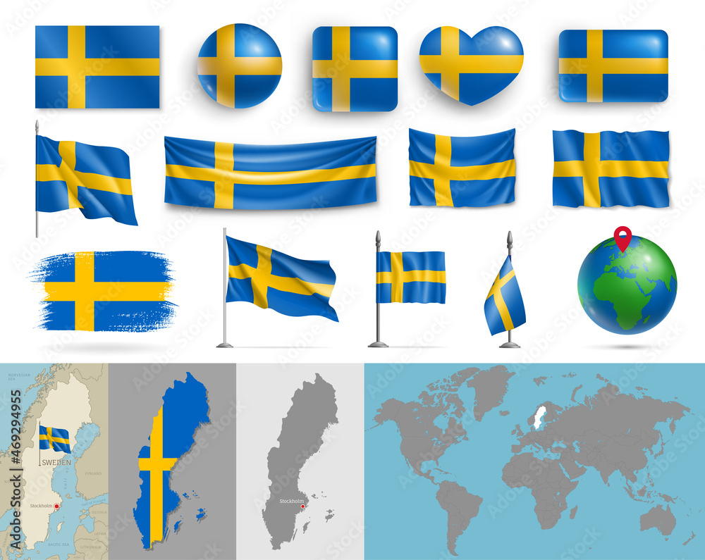 Wall mural sweden flags of various shapes and geographic map set. realistic swedish flags, glossy buttons in pa
