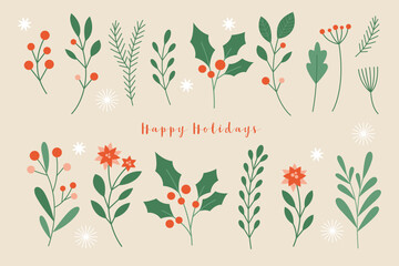 Set of Hand drawn ornamental xmas elements, branches and leaves, holly, vector collection